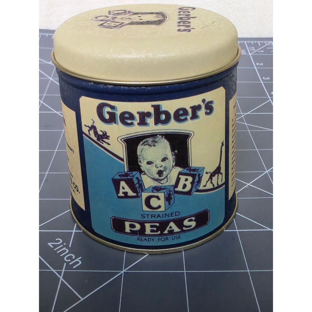 Vintage 1993 Gerber Baby Strained Peas Bristolware Decorative Tin Canister